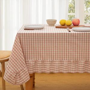 KKJIAF Light Pink Gingham Tablecloth 52 x 70 Inch, Cotton Plaid Tablecloth with Ruffle Edge Design, Linen Feel Classic Farmhouse Checkered Table Cover for Kitchen Parties Living Room Decoration