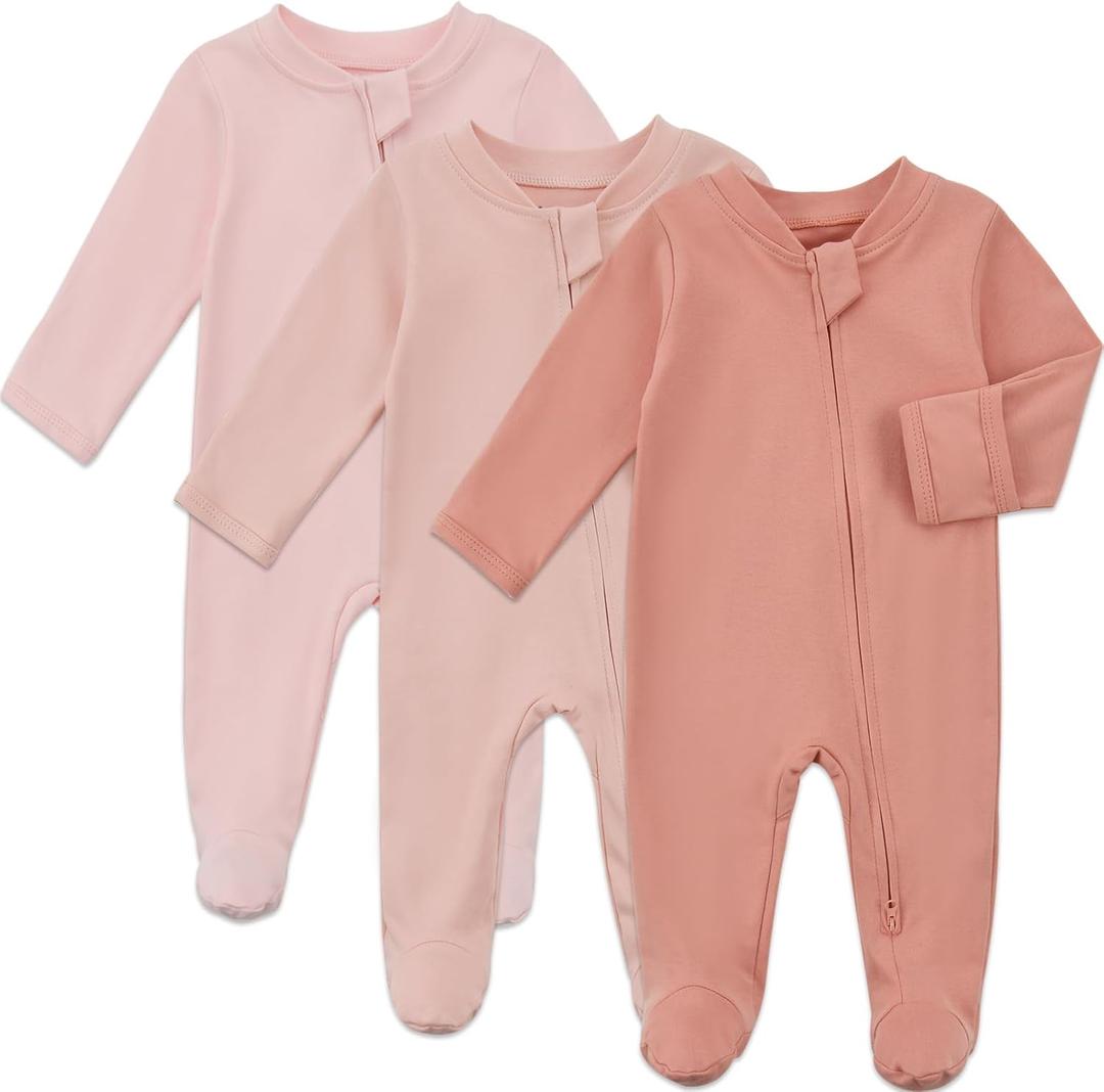 Aablexema Baby Organic Cotton Footed Pajamas Zip Up Preemie Newborn One Piece Long Sleeve Onesie Pjs (Pink Set), Preemie