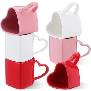 Domensi 6 Pcs Heart Shaped Ceramic Mugs Heart Coffee Cup with Handle Love Tea Cup Gift for Romantic Mother Wedding Anniversary Couple Lover (Red Pink White)
