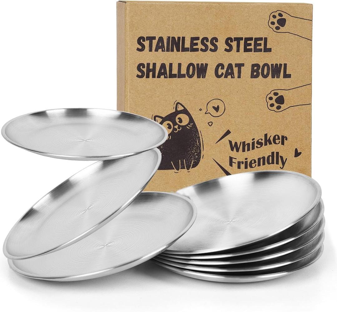8-Pack Stainless Steel Cat Food Bowls, Shallow Whisker-Friendly Non-Slip Silicone Base Metal Dishes, Easy to Clean Indoor Feeding Flat Plates for Cat, Kitten, Small Dog (6.7")