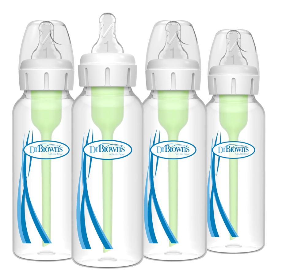 Dr. Brown's AntiColic Options+ Narrow Glass Baby Bottle with Level 1 Slow Flow Nipple, BPAFree, 8 oz/250 mL, 0m+, 4Pack 