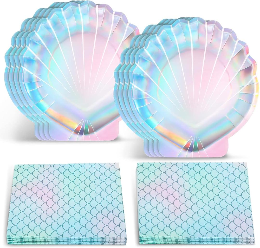 40 Pcs Iridescent Mermaid Party Supplies Set, 20 Clam Shell Plates and 20 Scales Napkins Mermaid Party Decorations Disposable Paper Plates and Napkins Seashell for Birthday (Shell)