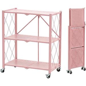BRIAN & DANY 3-Tier Foldable Storage Shelves with Wheels, No Assembly Folding Shelf Metal Rack, Shelving Unit for Kitchen, Garage, Pink