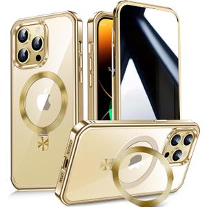[CD Metal Ring Stand + Built-in Privacy Screen Protector] Magnetic Case for iPhone 14 Pro Max 6.7" [Soft Bumper Full Signal] [Compatible with MagSafe] 9H Glass Full Body Shockproof Clear Case, Gold