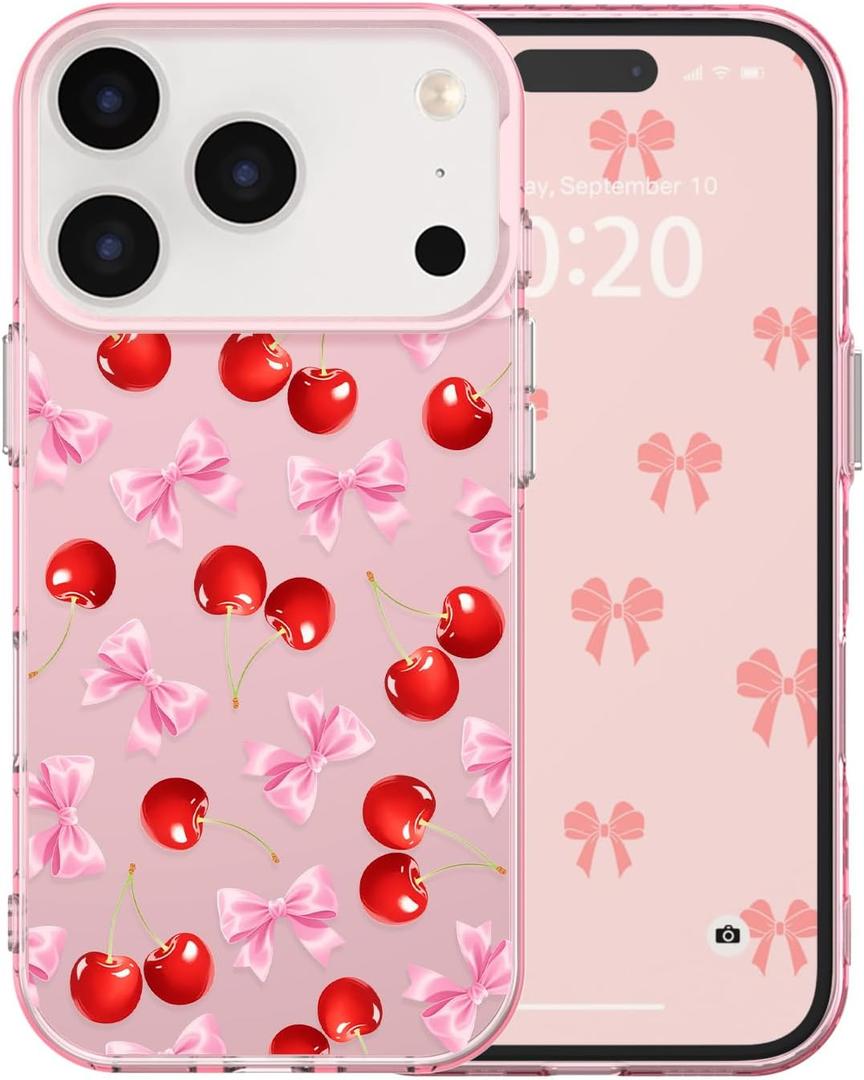 for iPhone 17 Pro Max Case Cute Ribbon Bow Cherry Aesthetic Pattern Case for Women Girls, Girly Trendy Glossy Slim Shockproof Protective Bumper Cover, Cherries Bows/Pink