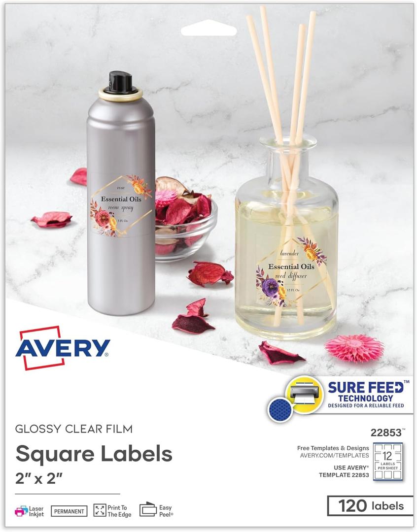 Avery Printable Blank Square Labels, 2" x 2", Glossy Crystal Clear, 120 Customizable Labels 