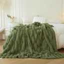 MEGO Fluffy Faux Rabbit Fur Throw, Cozy Wide Stripe Plush Fuzzy Blanket for Bed Couch Sofa Chair, Moss Green Shaggy Throw Bedroom Living Room, Furry Blanket for Kids Girls Adults, 50x60, Sage Green