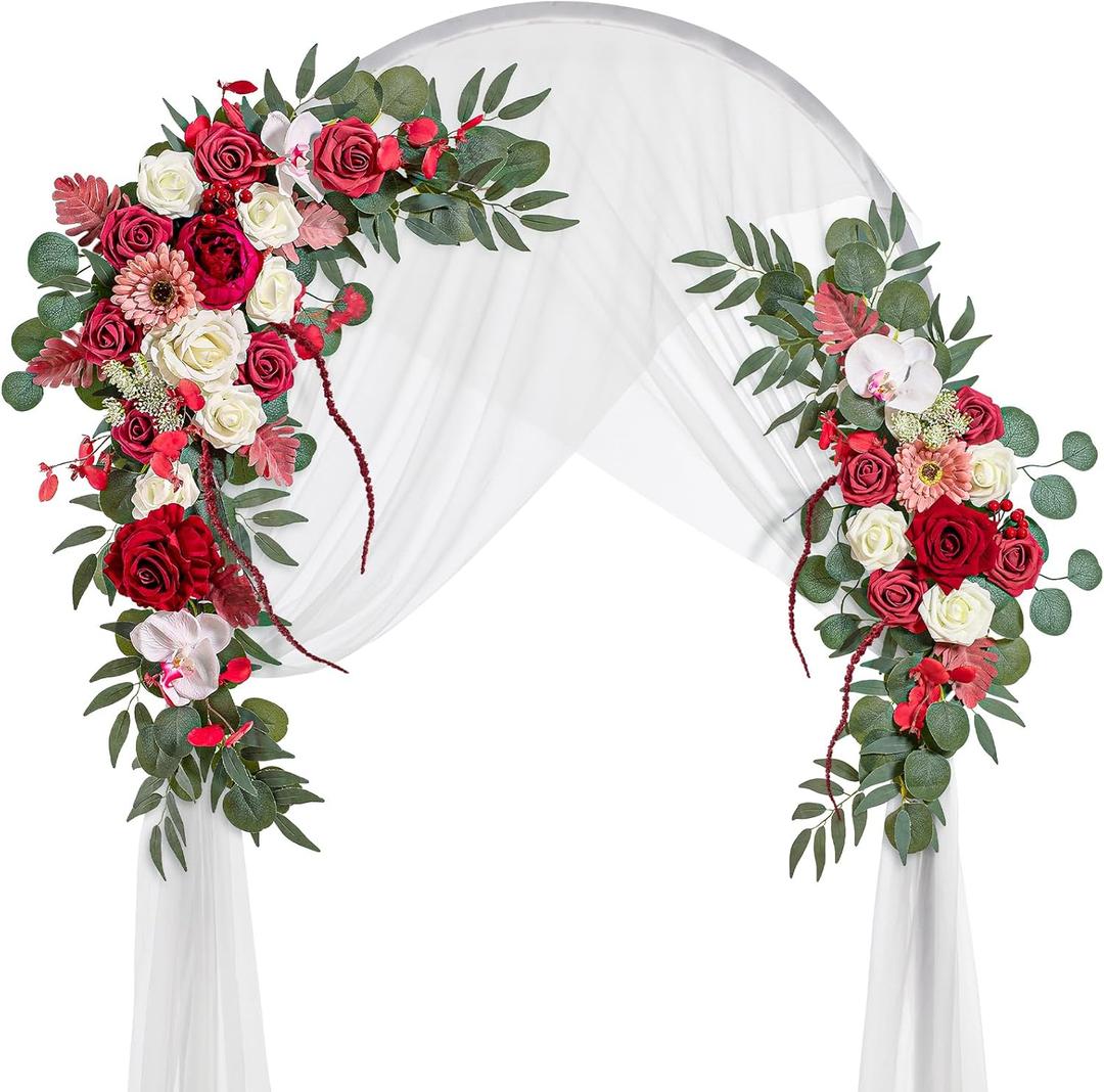 Wedding Arch Flowers, Artificial Flowers for Decoration, 2pcs Flower Swag and 1 pcs Semi-Sheer Chiffon Table Runner Swag for Beautiful Dream Wedding Ceremony Floral Decor - Pack of 3 ( Red & Coffee)
