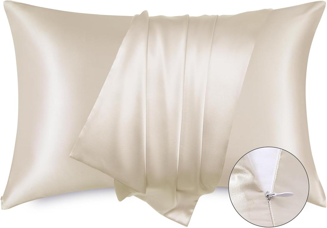 Bedsure Satin Pillowcase for Hair - Beige Satin Pillow Cases Standard Size with Zipper 2 Pack, Similar to Silk Pillow Cases for Skin, Silky & Soft, Gifts for Women Men, 20x26 Inches (Standard (20" x 26"), 01 - Beige - Zipper)