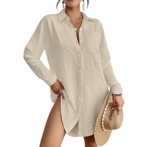 Bsubseach Swimsuit Coverup for Women Button Down Beach Cover Ups Long Sleeve Shirt Dress Modern Blouse Top (Beige, M)