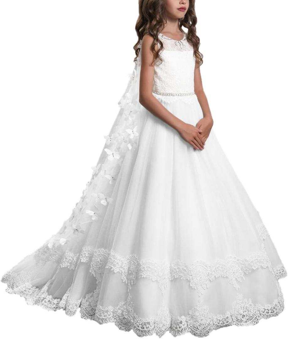PLwedding Lace Flower Girls Dresses Kids First Communion Dress Princess Wedding Pageant Ball Gown (8, White)