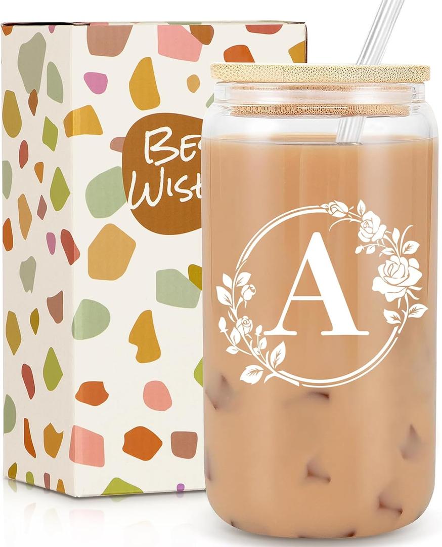 Birthday Gifts for Women, Monogrammed Initial Glass Cup Personalized Gifts for Women, 16oz Glass Cups with Lids and Straws, Iced Coffee Cup, Beer Can Shaped Glass - Gifts for Christmas, Birthday, A