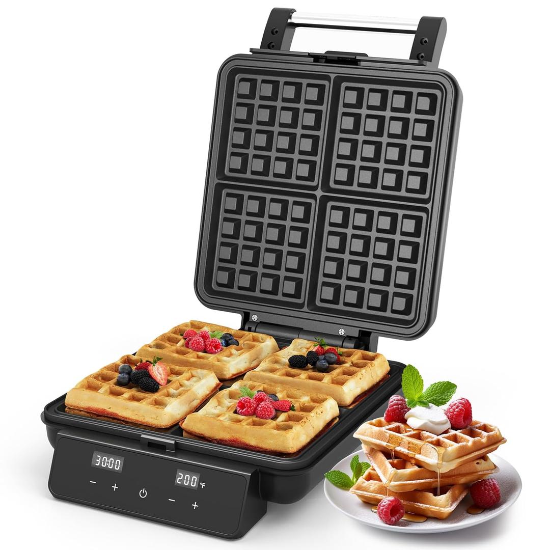 1200W Belgian Waffle Maker with 4-Slice, Waffle Iron with Nonstick Plates, Time & Temp Control, LCD Display, Perfect Waffle Machine for Kids and Families, Stainless Steel, Silver