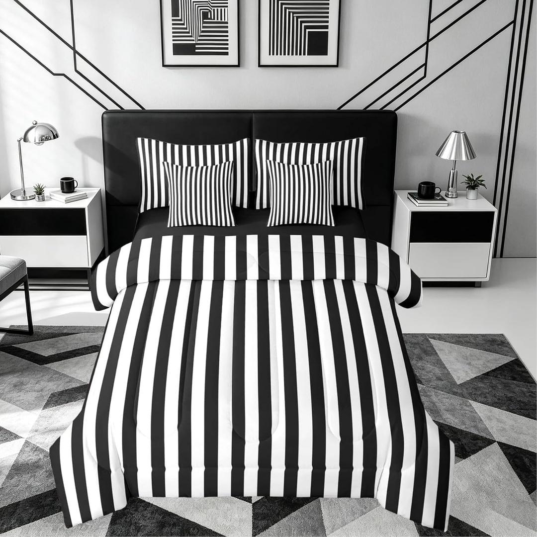 Feelyou Black White Striped Comforter Set Full Size 7 Pieces Striped Bedding Set Kids Boys Girls Basic Simple Bed in a Bag with Comforter, Sheets, Pillowcases, Cushion Covers Bedroom Decor
