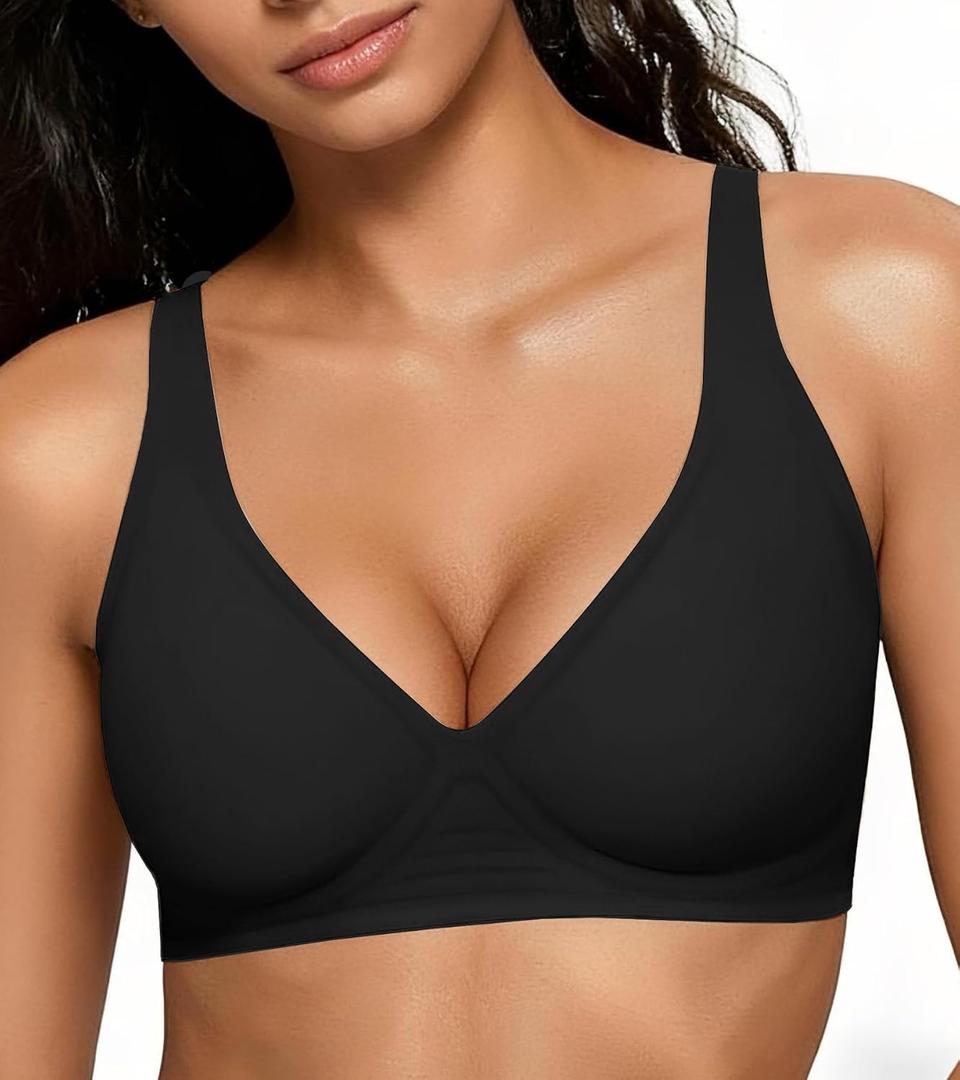 2 x 2026 Women Seamless Wireless Push Up Bras Deep V No Underwire Supportive Everyday Bra Full Coverage Plunge Bralettes (Black)