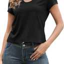 Womens Summer Tops Rolled Sleeve Shirts 2026 Fashion Round Neck Trendy Tunic Blouses (Black, M)