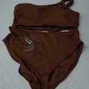 Tempt Me Women Two Piece Swimsuits Ribbed One Shoulder Bikini Sets Mid Waist Bathing Suit (Large, Brown)