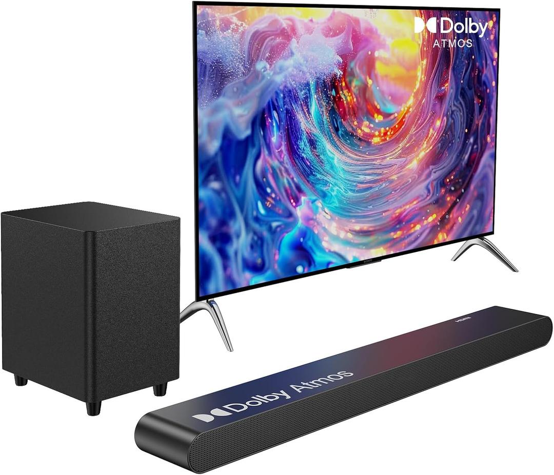 Miroir 3.1CH Dolby Atmos Soundbar for Smart TV, 390w Virtual Atomos Surround Sound & Wired Subwoofer, 4K HDR Passthrough, HDMI/eARC Home Theater System
