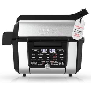 Foodgenie Gourmax Pro One Cooking Device - All-in-One Oven, Smokeless Grill, Air Fryer, Griddle, Cooker & More  16 Preset Functions, Smart Temperature Control, Dual Surface, Dishwasher Safe, 1500W