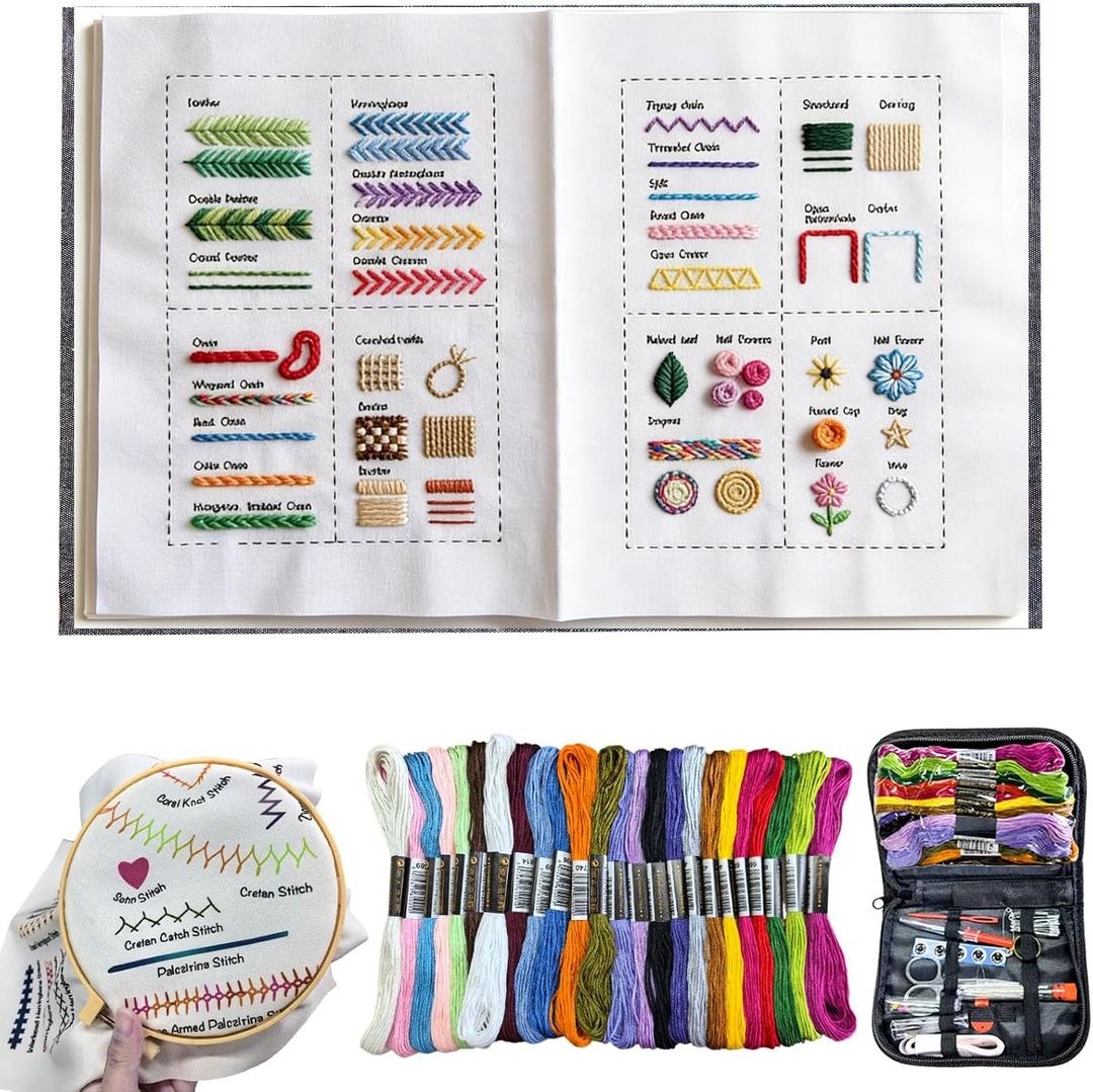 2026 Upgraded Embroidery Kit for Beginners, Embroidery Stitch Book Kit, Embroidery Book of Stitches & Sewing Kit, Portable All Scenario Cross Stitch Kits Easter Basket Stuffers for Teens Toddler
