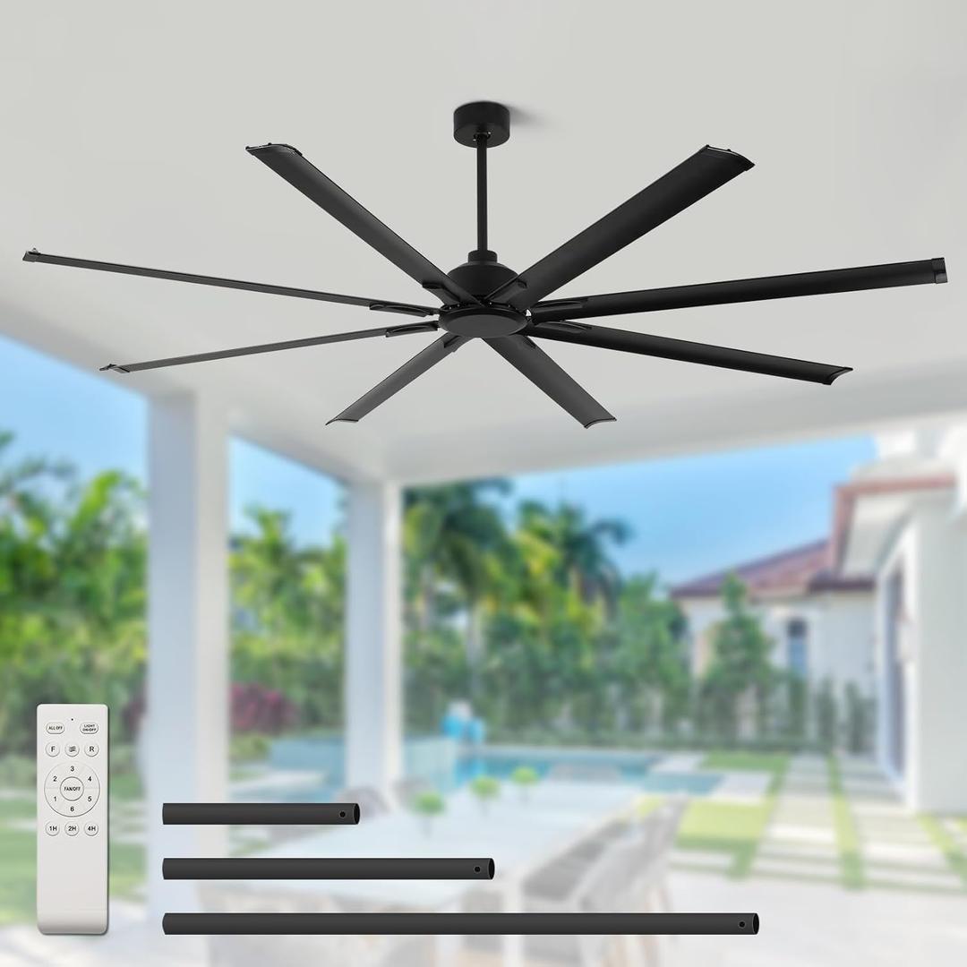 84 Inch Industrial Ceiling Fans without LightsLarge Ceiling Fan with 8 Reversible Aluminum Blades, 6-Speed Remote Control, Home or Commercial Ceiling Fan for PorchGarageShop