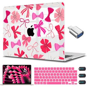 CISSOOK Compatible with MacBook Air 15 inch Case 2025 2024 2023 Release Model A3241 M4 A3114 M3 A2941 M2, Plastic Hard Shell Case Keyboard Cover Screen Protector USB Adapter, Pink Bows