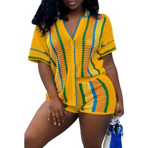 Summer 2 Piece Short Sets For Women Crochet Short Sleeve Shirt and Shorts Matching Set Vacation (X-Large, Yellow) Summer 2 Piece Short Sets For Women Crochet Short Sleeve Shirt and Shorts Matching Set Vacation (X-Large, Yellow)