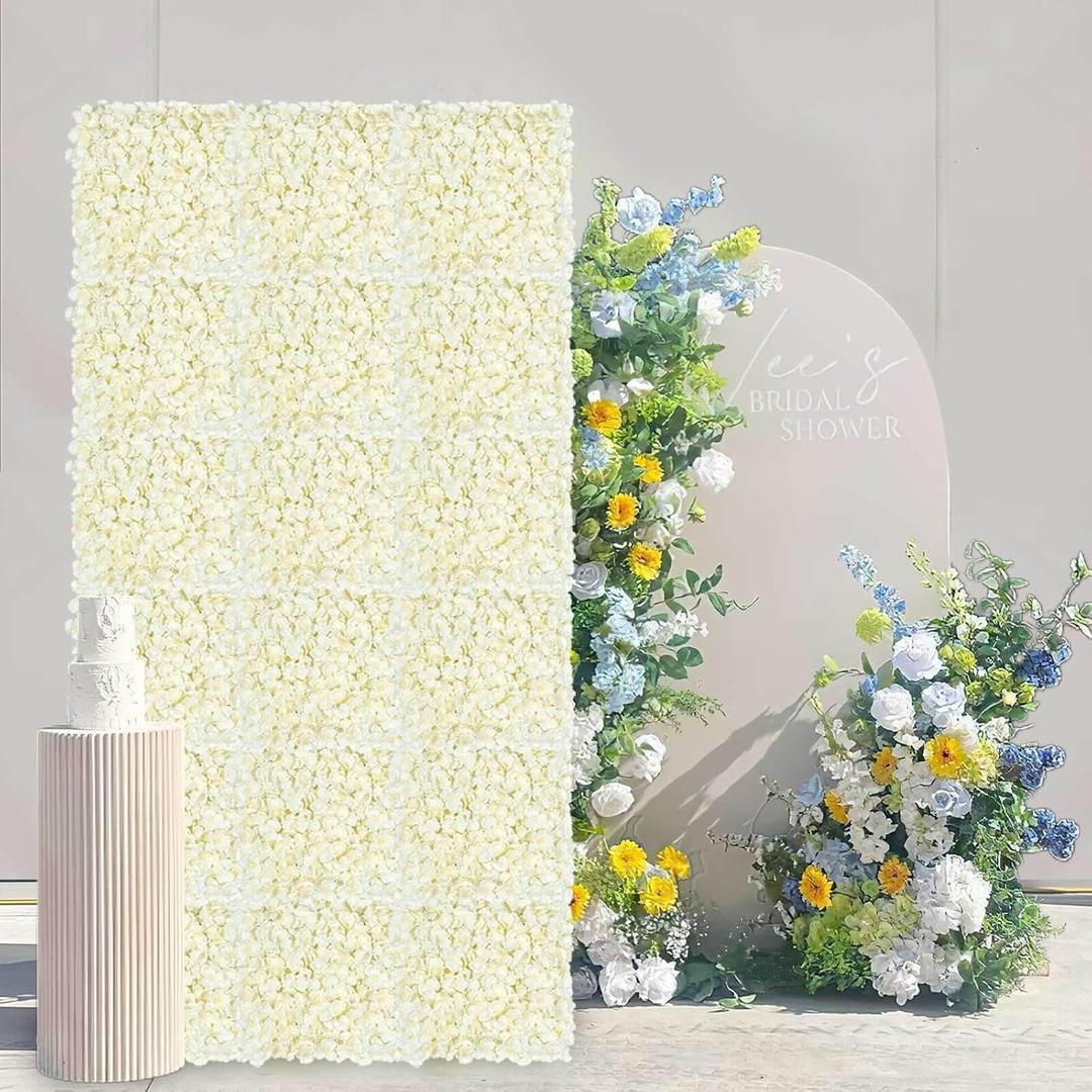 Ivory Backdrop Flowers Wall Panels: 18 Pcs 15 x 15 Inch Floral Backdrop Artificial Flower Wall Decor for Baby Shower Wedding Photo Background Decoration (3.75ft by 7.5ft)