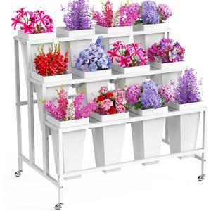 Asee'm Flower Display Stand With 12PCS Buckets 3 Tier Flower Cart Display Stand with Wheels Heavy Duty Moving Metal Plant Stand Flower Bar Flower Rack for Florist Indoor Outdoor Patio Garden White