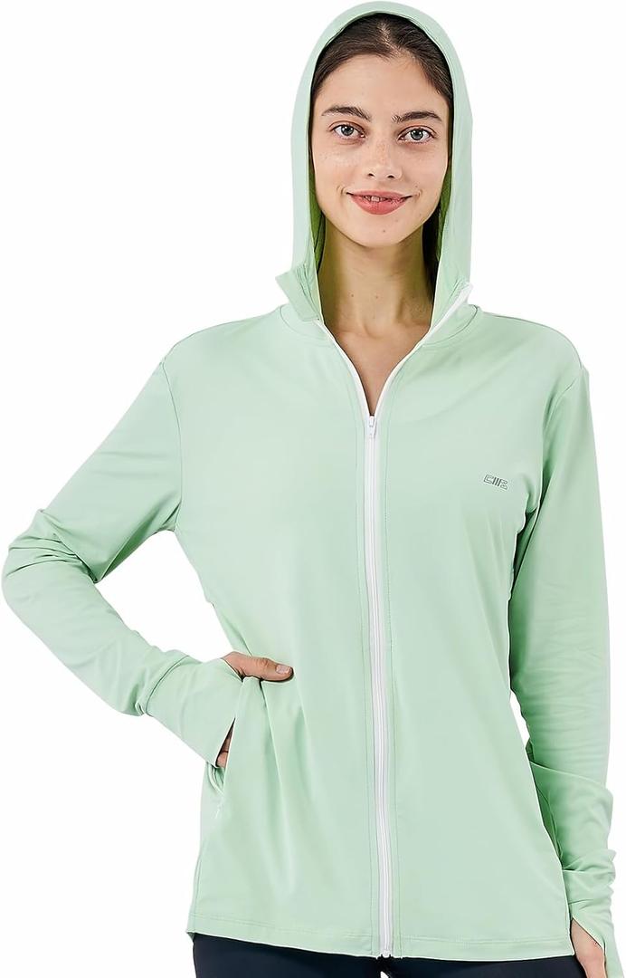 Commollis Sun Protection Clothing Women - Long Sleeve Zip Up Hoodie Women for Running, Athletic Hiking Jacket Sun Shirt (Green, L)