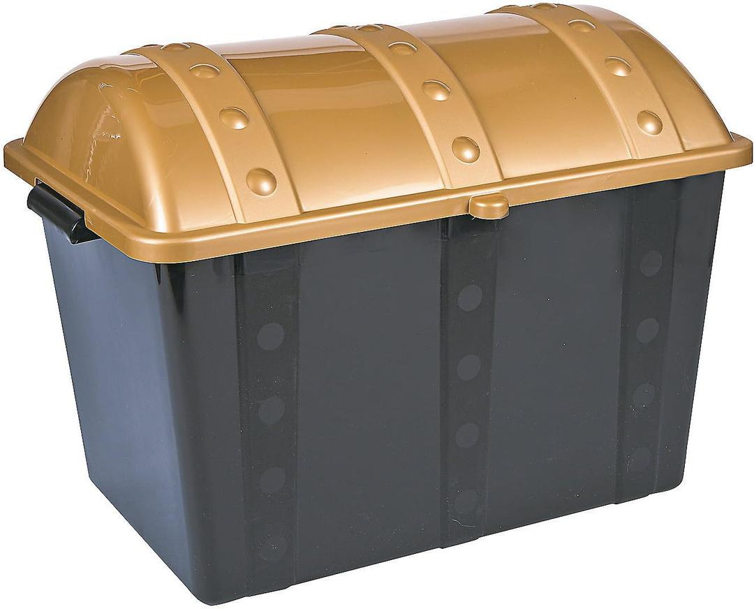 Fun Express Large Plastic Toy Treasure Chest - Premium Classroom Storage Prize Box for Teachers | Pirate-Themed Reward Container with Secure Lid | Black & Gold Design | 19" x 11.5" x 11" Capacity