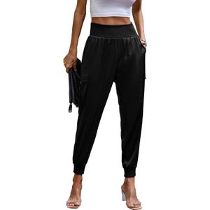 PRETTYGARDEN Women's Satin Jogger Pants Casual Dressy High Waist Long Lounge Pant Trousers Summer Outfits with Pockets (Black,Large)