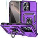 SunStory Phone Case for iPhone 16 Case with HD Screen Protector & Slide Camera Cover & Rotated Ring Kickstand, [Military-Grade] Phone Case for iPhone 16 6.1" (Purple)