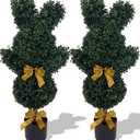 BLONYUVC 36'' Artificial Bunny-Shaped Topiary Double Ball Tree Pot UV-Resistant Bowknot Faux Boxwood Topiaries Plant for Porch Decor Outdoor/ Indoor 2 Pack