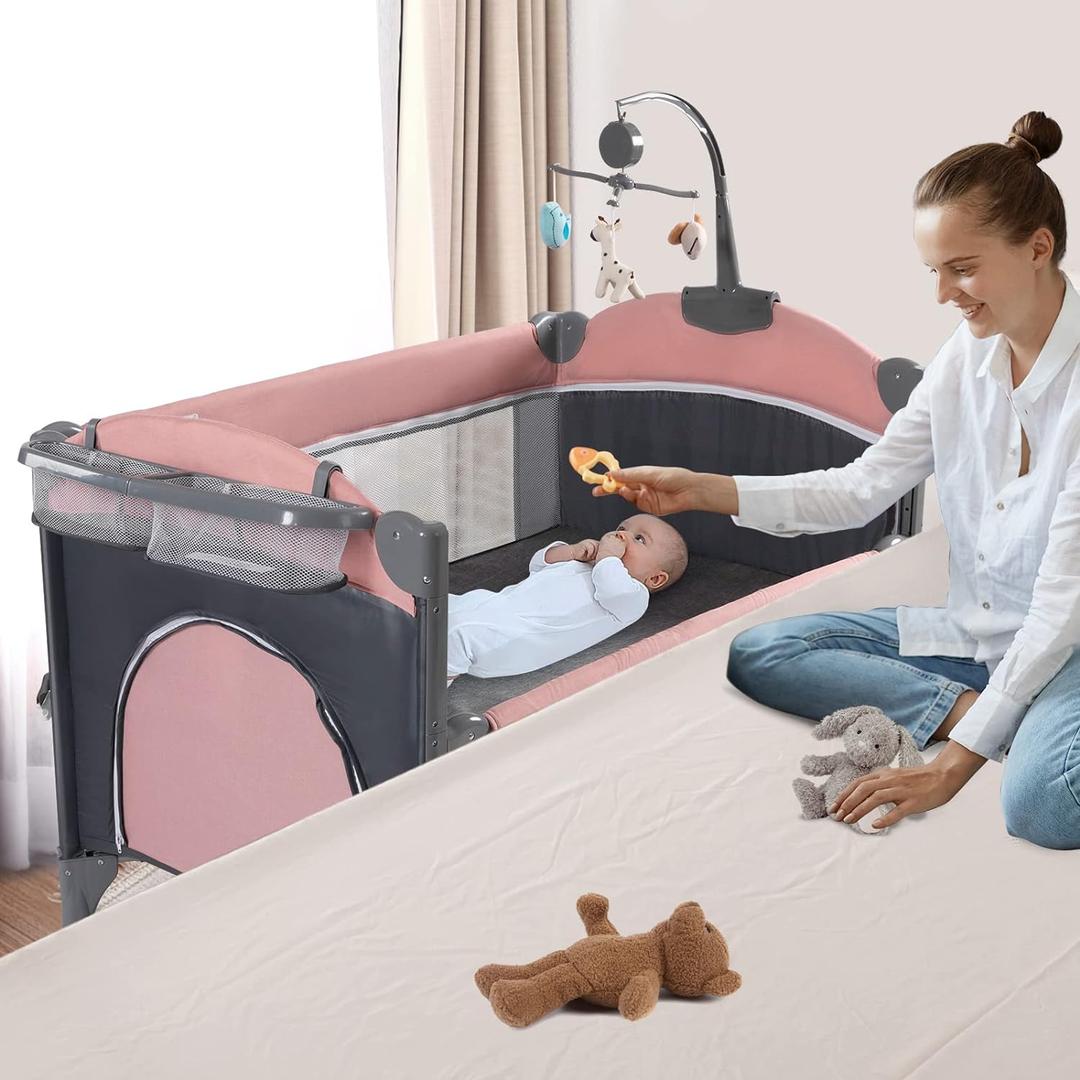 5 in 1 Baby Crib,Baby Bassinet, Bedside Cribs, Pack and Play with Changing Table, Portable Travel bedToys & Music Box,Mattress for Girl Boy Infant Newborn (Pink)