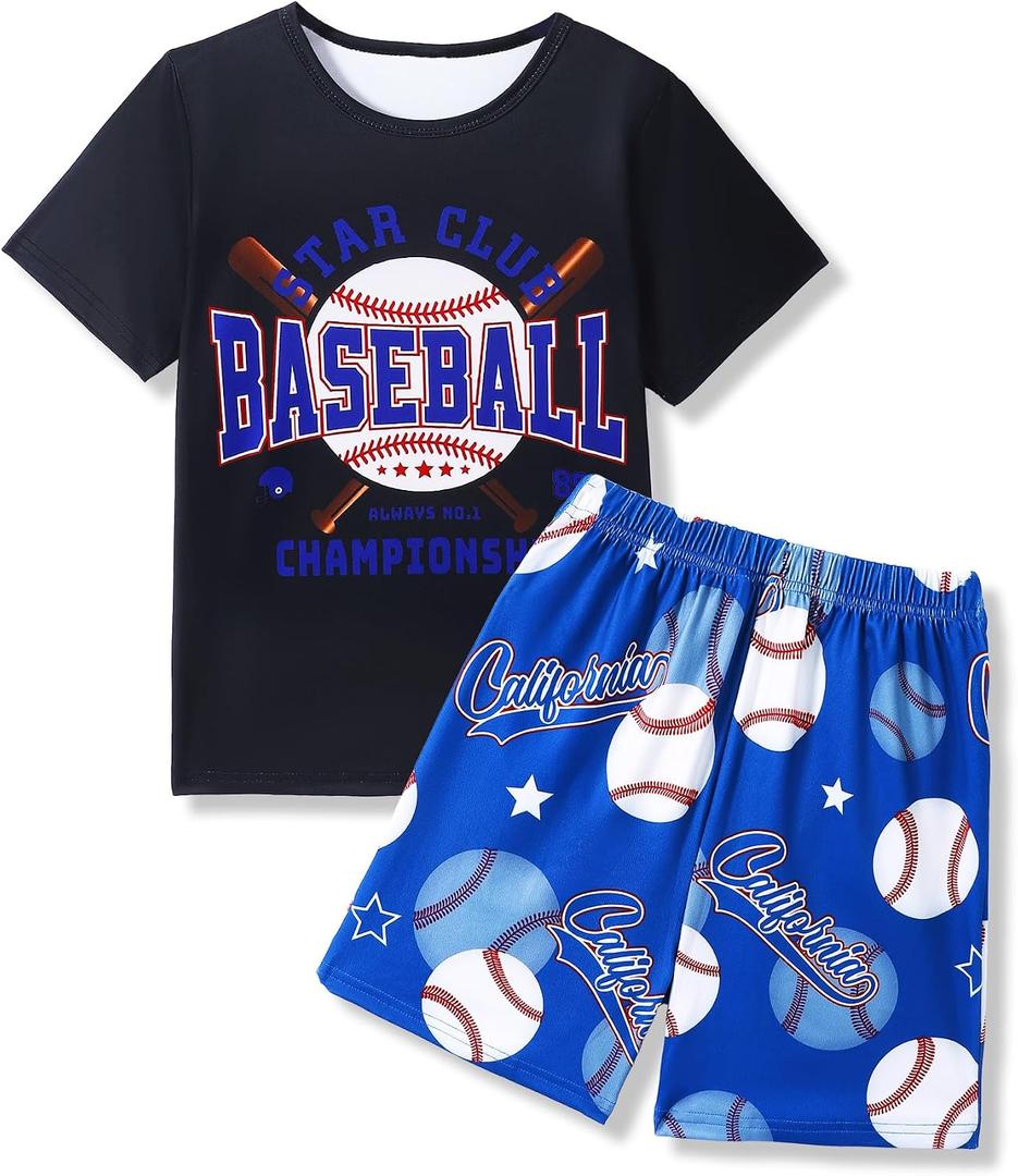 Mikrdoo Boys Pajamas 2 Piece Soft Short Sleeve Summer Pj Set Stretchy Short Sleepwear for Big Kids Size 6-16 Years