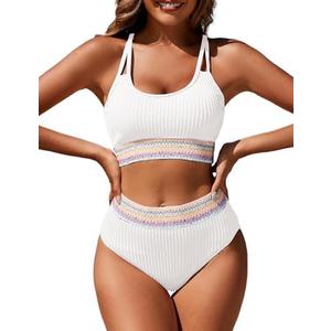 Zuvebamyo Women's High Waisted Ribbed Bikini Set Two Piece Crop Top High Cut Swimsuit Criss Cross Back Bathing Suit (S, White)