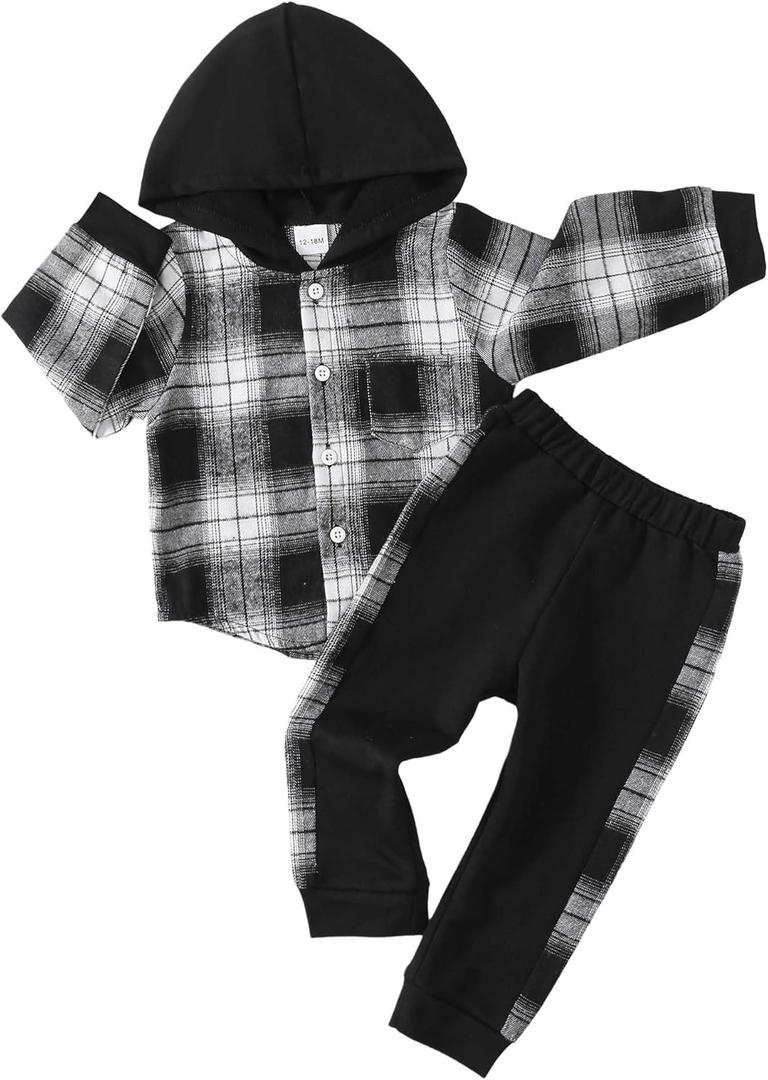 Toddler Baby Boy Clothes Long Sleeve Hoodie Plaid Flannel Shirt and Pants Set Fall Winter Outfits (3-4T, White Black)