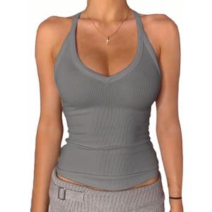 Women's V Neck Racerback Padded Ribbed Long Fitted Basic Cami Tops, Size S