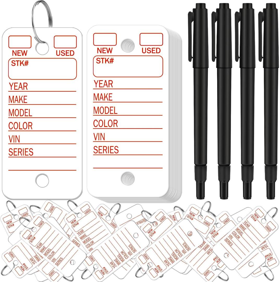 500 Pcs Key Tags with Labels Car Dealership Key Tags with Rings Blank Shop Labels and 4 Pens for Office Car Shop Automotive Supplies (White)