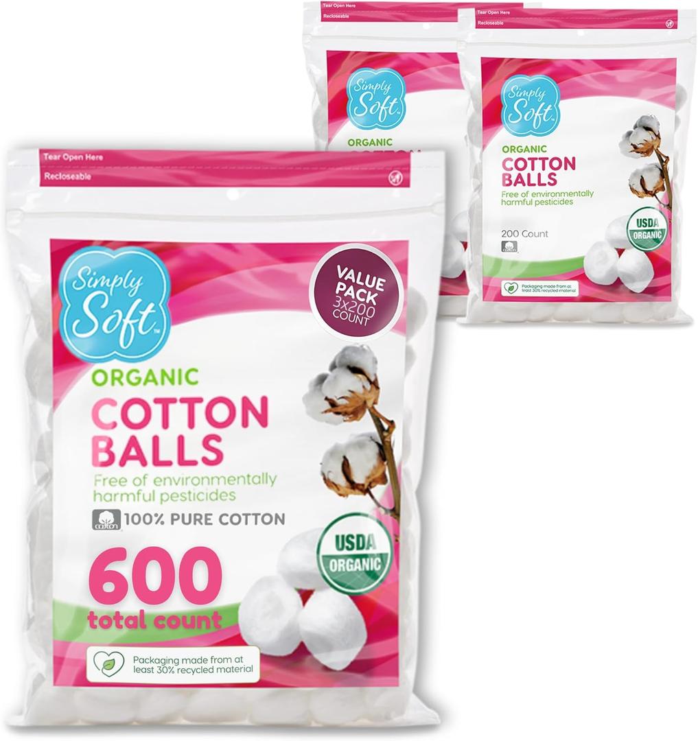 Simply Soft Premium Organic Cotton Balls, 600 Count (3 Bags) 100% Pure Cotton, Certified, Hypoallergenic, Large, Soft & Absorbent for Beauty, Cosmetics, Skin Care, Lint Free