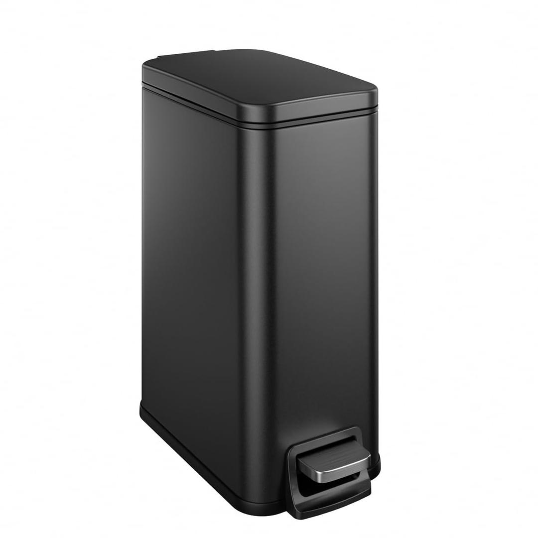 Slim Bathroom Trash Can with Lid Soft Close, 1.6 Gallon Stainless Steel Garbage Can with Removable Inner Bucket, Durable Step Pedal, Small Trash Bins for Toilet, Bedroom, Kitchen, Office (Black)