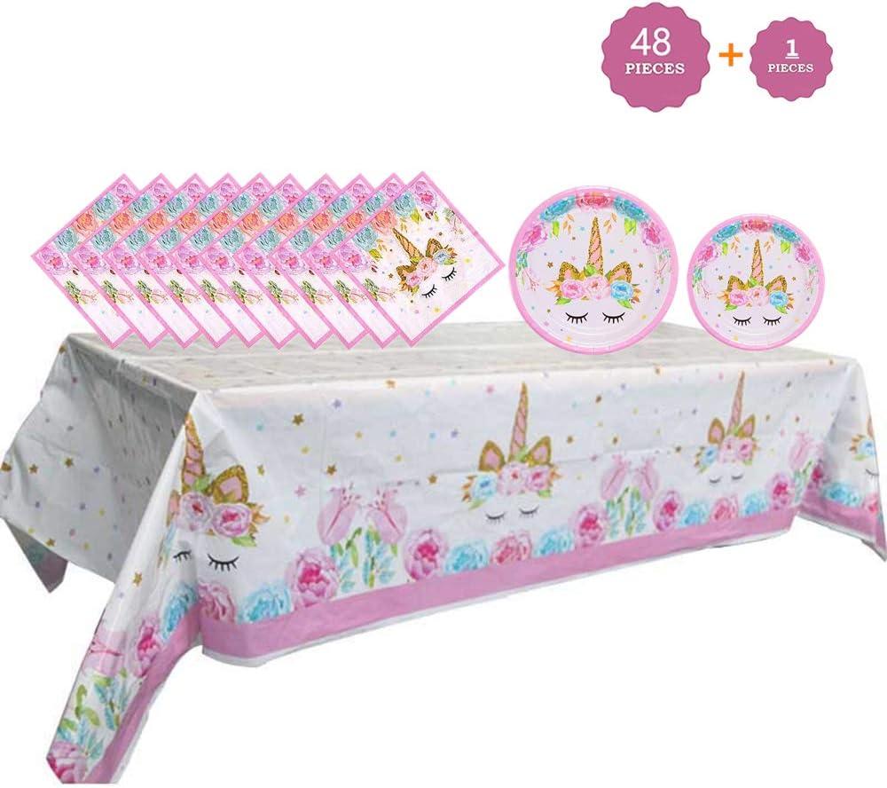Unicorn Birthday Decorations Party Set, Unicorn Plates and Napkins, 32 Plates, 16 Napkins, 1 Table Cover