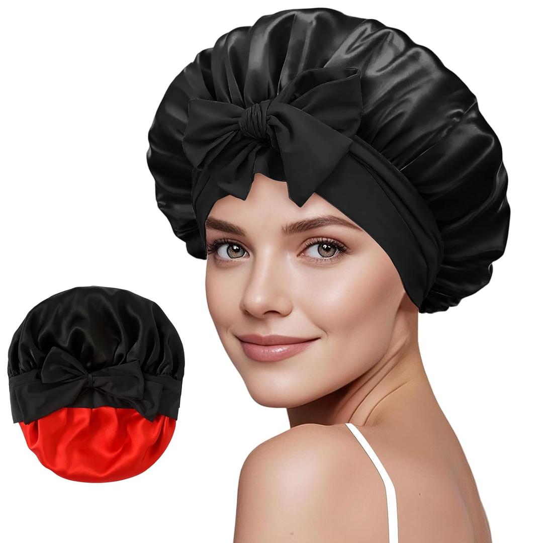 ZIMASILK 100% Mulberry Silk Bonnet for Sleeping Women Long Hair Double Layer Silk Hair Wrap with Tie Band Stay On Head (1Pc, Black)