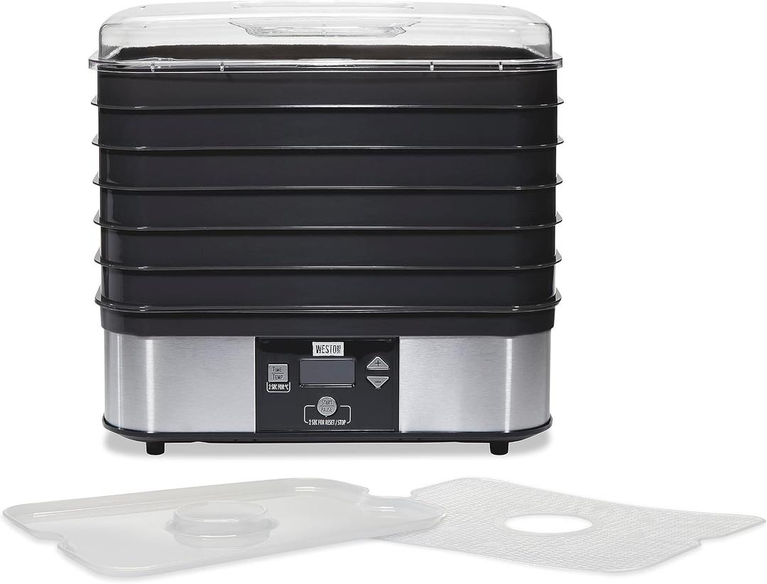 Weston Food Dehydrator Machine for Jerky, Fruit, Meat, Herbs, Vegetables, with Digital Temperature Control (100-160F), 6 Stackable Trays (7.4 sq. ft.), Black (75-0401-W)