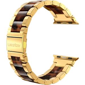 Wearlizer Compatible with Apple Watch Band 42/44/45/46/49mm Replacement Womens Mens Wristbands Gold Stainless Steel Tortoise Resin Strap Metal iWatch Series 11 10 9 8 7 6 5 4 3 SE/Ultra 3 2 1