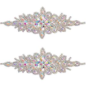 FINGERINSPIRE 2PCS Rhinestone Applique Patches (Silver, 9.5x3.7 inch) Glitter AB Color Crystal Rhinestone Iron On Patches Flower Wedding Belt Applique Hotfix Patches for Women Bridal Dress