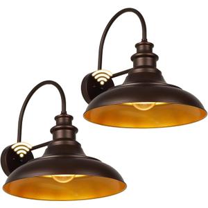 Dusk to Dawn Sensor Outdoor Barn Light Fixtures, 16 Inch Dome Farmhouse Outdoor Wall Sconces, Rustic Gooseneck Exterior Wall Mount Lights, Industrial Bronze Gold Wall Lanterns for Porch, 2 Pack