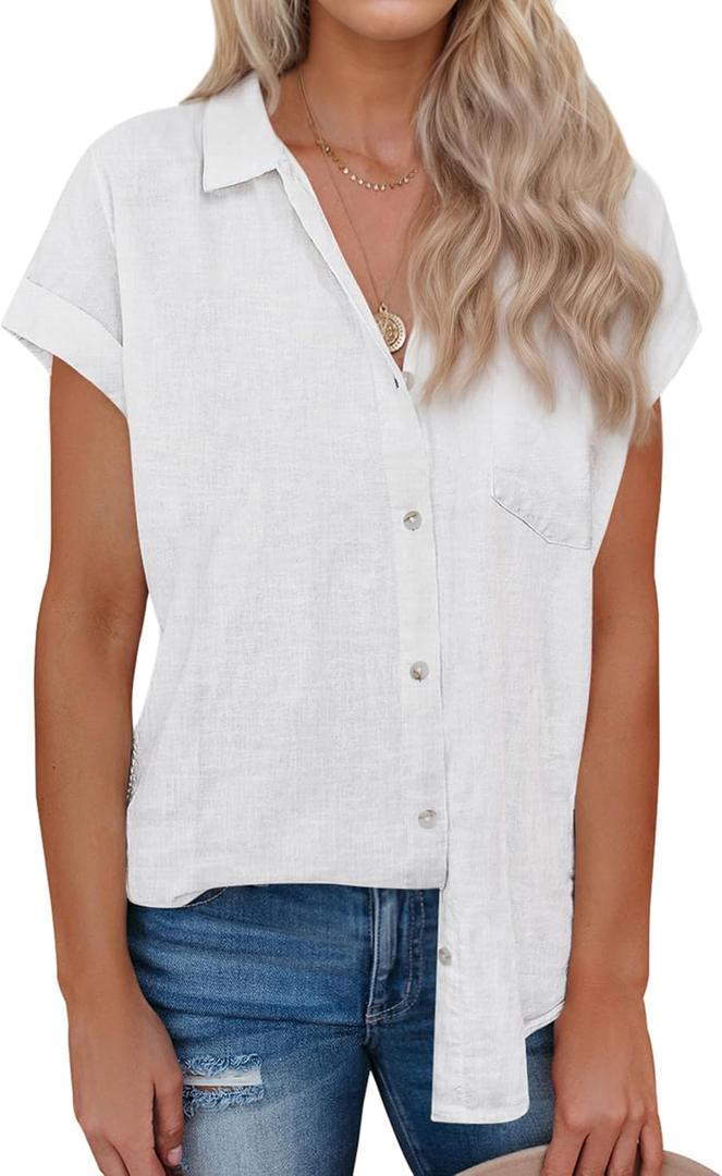 siliteelon Linen Shirts for Women Button Down Shirts Short Sleeve Cotton Collared V Neck Solid Casual Blouses with Pocket (Large, White)