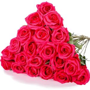 Hotop 20 Pcs Artificial Rose Flowers with Long Stem,Real Lifelike Silk Realistic Plastic Bouquet Roses Bulk for Home Decor Bridal Wedding Party Table Centerpieces Decorations(Hot Pink)